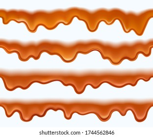 Caramel Dripping. Caramel Sauce Or Liqued Chocolate Drip From Top. Melt Toffee Wave For Candy Pack Design. Brown Sweet Syrup Isolated On White Background
