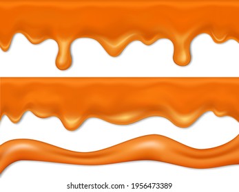 Caramel Dripping. Caramel Sauce Or Liqued Chocolate Drip From Top. 3d Realistic Illustration Of Flowing Vanilla Toffee Sauce, Honey Or Brown Sugar Syrup Collection With Vector Brushes