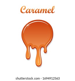 Caramel drop 3D. Realistic caramel, melted sauce. Flow liquid isolated on white background. Orange splash toffee candy. Delicious snack food. Sweet tasty cream. Melt smooth syrup Vector illustration