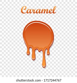 Caramel drop 3D. Realistic caramel melted sauce. Flow liquid isolated white transparent background. Splash orange toffee candy. Delicious snack food. Sweet cream. Melt smooth syrup Vector illustration