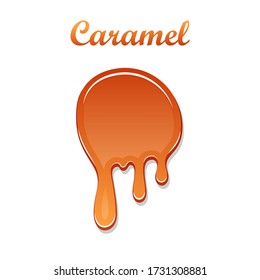 Caramel drop 3D. Realistic caramel, melted sauce. Flow liquid isolated on white background. Orange splash toffee candy. Delicious snack food. Sweet tasty cream. Melt smooth syrup Vector illustration