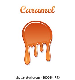 Caramel drop 3D. Realistic caramel, melted sauce. Flow liquid isolated on white background. Orange splash toffee candy. Delicious snack food. Sweet tasty cream. Melt smooth syrup Vector illustration