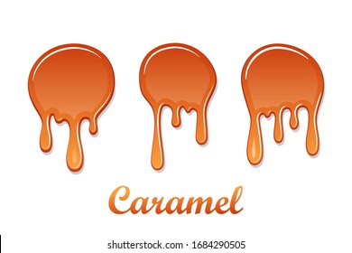 Caramel drop 3D set. Realistic caramel, melted sauce. Flow liquid isolated on white background. Orange splash toffee candy. Delicious food. Sweet tasty cream. Melt smooth syrup Vector illustration