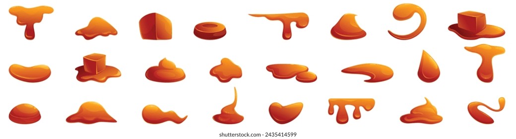 Caramel drops icons set cartoon vector. Toffee sugar sauce. Glossy fudge