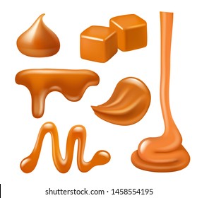 Caramel drops. Liquid candies and sweets splashes spread peanuts food syrup vector realistic collection. Caramel food liquid, sweet drip dessert illustration