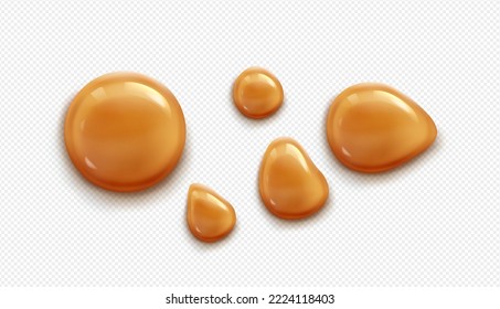 Gotas de caramelo, peine, caramelización de azúcar, gotas de salsa dulce de diferentes tamaños aisladas sobre fondo transparente. Láminas de infusiones o jarabe de color naranja o marrón, Ilustración vectorial 3d realista