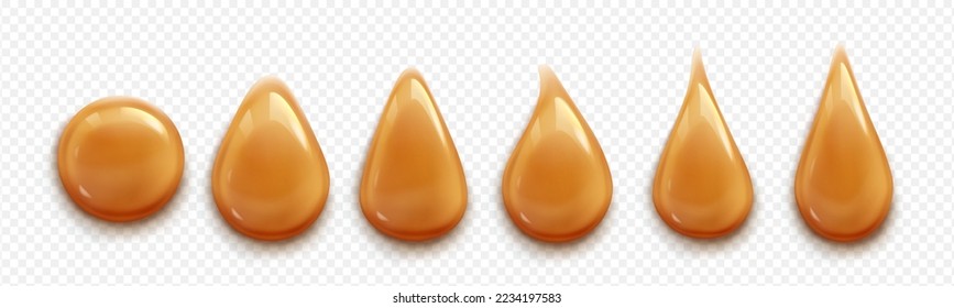 Caramel drops, toffee, sugar caramelization, sweet sauce drips of different shapes isolated on transparent background. Orange or brown glossy fudge or syrup stains, Realistic 3d vector illustration