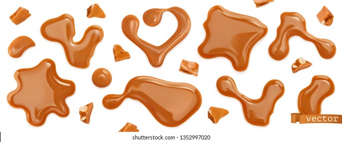 Caramel drops vectorized image. Toffee, caramelization sugar. 3d realistic vector set