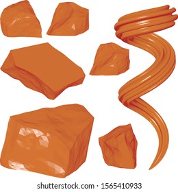 Caramel Elements Collection Isolated on White Background. Toffee Cream and Caramel Chunks. Vector 3d Realistic Illustration.