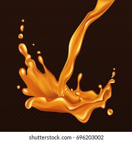 Caramel Flow. Realistic Falling Drops And Splash. Vector Illustration. 