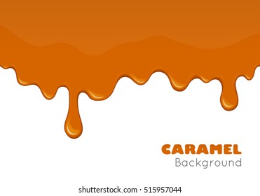 Caramel Is Flowing Down. Banner, Background With Sweet Brown Sugar Sauce, Liquid Candy Or Honey Flowing. Sticky Shiny Yellow Splash. Abstract Design Element. Vector Illustration Isolated On White.