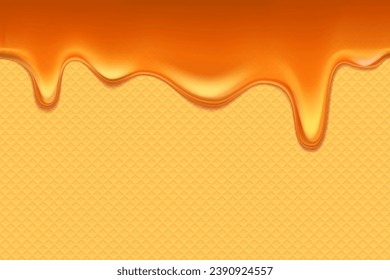 Caramel flows down over the wafer background. Stock vector illustration