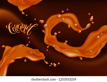 Caramel flows. Realistic falling drops and splash. 3d illustration. Vector background for your design.