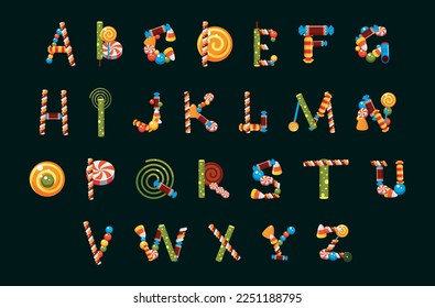 Caramel font sweet delicious candy letters English alphabet childish education set vector isometric illustration. Kids sugar dessert type inscription character decorative text lollipop food design