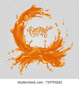 Moldura de caramelo. Salpicos líquidos e gotas em um fundo transparente. Inscrição manuscrita “Caramelo”. Ilustração vetorial.