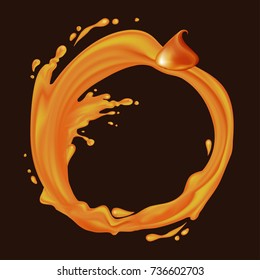 Caramel Frame. Liquid Splash And Drops Flow In A Circle. Vector Illustration. 