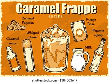 Caramel Frappe with Popcorn retro poster. Vintage recipe poster. Vector illustration.