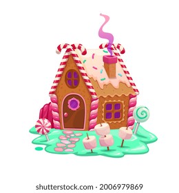 Caramel and ginger cartoon fairy house or dwelling. Christmas gingerbread cookie house, cartoon vector fairytale hut made of crackers, candy cane and jelly, marshmallows, icing and lollipop candies