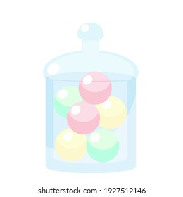 Caramel in a glass jar for sweets in flat cartoon style. Vector stock illustration in pastel pink, blue and yellow colors. 