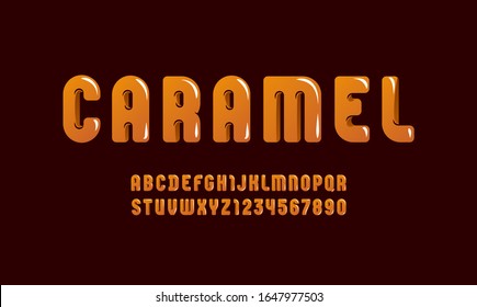 Caramel glossy font, trendy alphabet in the cartoon style, tasty rounded letters from A to Z and numbers from 0 to 9 for you designs, vector illustration 10EPS