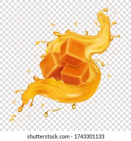 Caramel or honey splash, slices and pieces of caramel candies 3d realistic vector.