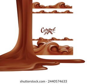 caramelo, chocolate caliente, patrones de chocolate caliente, chocolate que fluye, fluyendo, reactivo 3D, ilustración vectorial 3D detallada