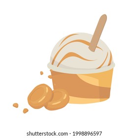 Caramel Ice cream in a cup. A paper container. Outline vector illustration on a white background.