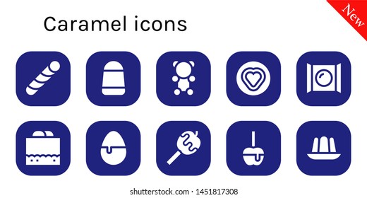 caramel icon set. 10 filled caramel icons.  Collection Of - Stick candy, Candy, Gummy bear, Chocolate fudge, Caramelized apple, Jelly