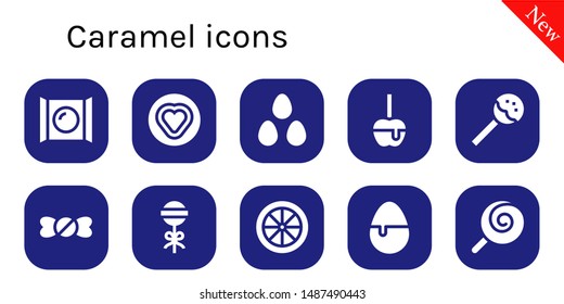 caramel icon set. 10 filled caramel icons.  Collection Of - Candy, Candies, Caramelized apple, Lollipop, Candy shop