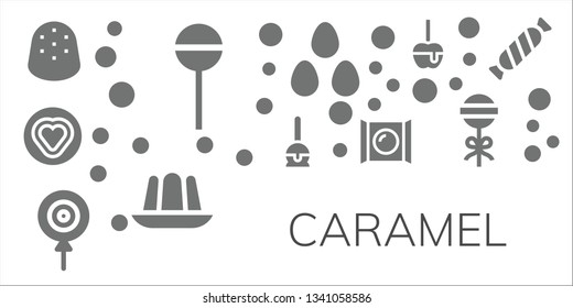 caramel icon set. 11 filled caramel icons.  Collection Of - Gumdrop, Lollipop, Candy, Cake pop, Candies, Jelly, Caramelized apple