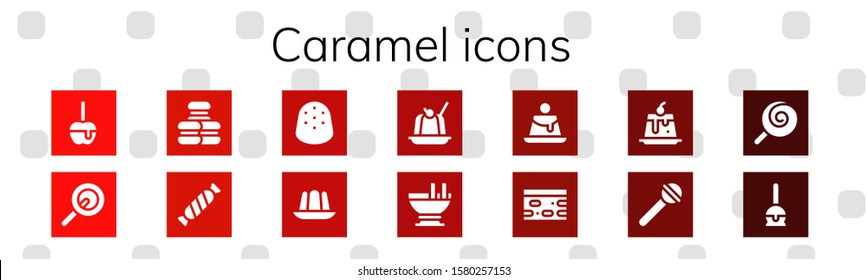 caramel icon set. 14 filled caramel icons.  Collection Of - Caramelized apple, Lollipop, Macaron, Candy, Gumdrop, Jelly, Custard, Creme caramel, Nougat, Cake pop icons