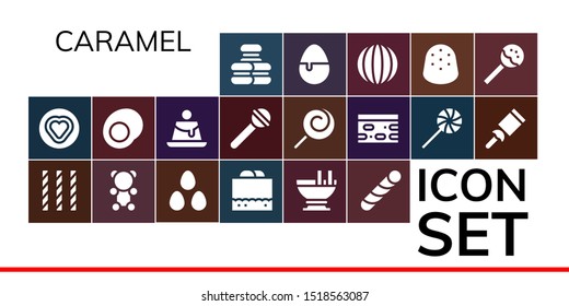 caramel icon set. 19 filled caramel icons.  Simple modern icons about  - Macaron, Candy, Gummy bear, Candies, Chocolate fudge, Custard, Stick candy, Gummy, Creme caramel, Lollipop