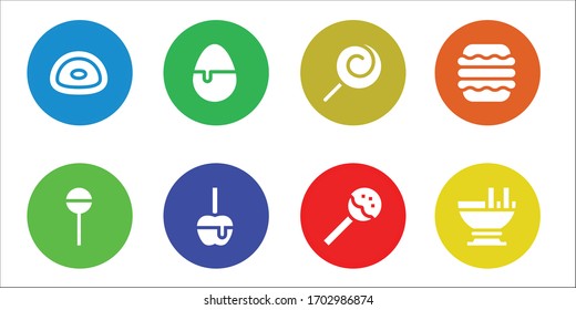 caramel icon set. 8 filled caramel icons.  Simple modern icons such as: Gummy, Lollipop, Candy, Caramelized apple, Macaron, Custard