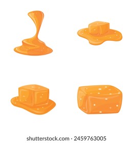 Caramel icons set cartoon vector. Melted appetizing caramel cube. Candy, sweet food