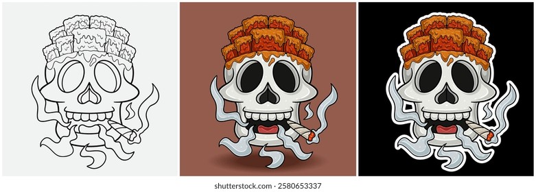 Caramel Inside Skull Head With Smoking Character Cartoon. Black White, Colorful and Sticker Style. For T shirt print, Brand Logo, Label and Mascot product. Vectors Illustrations