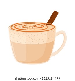 Latte de caramelo com canela em um copo de vidro. Bebida aconchegante. Ilustração vetorial em um fundo branco.