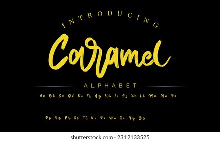 Caramel Lettering signature font isolated on grey background. brus style alphabet. Vector logo letters.