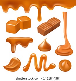 Caramel liquid. Drops and splashes from candy and caramel sweet creamy dessert cooking syrup vector realistic