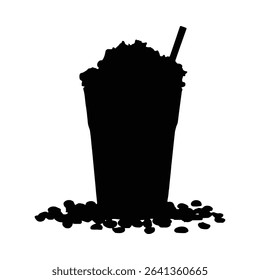Caramel macchiato silhouette with whipped cream and coffee beans isolated on white background
