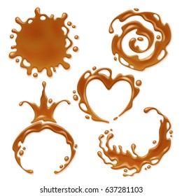 Caramel melt blot splash stain set. Spiral, round, heart, crown and abstract curves forms.