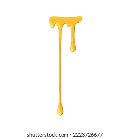 Caramel melting, dripping down with thin sugar streams. Maple liquid syrup leaking. Amber gold bee honey fluid flowing, drops, trickles. Flat graphic vector illustration isolated on white background.