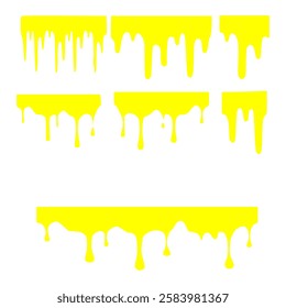 Caramel melting, dripping down with thin sugar streams. Maple liquid syrup leaking. Amber gold bee honey fluid flowing, drops, trickles. Flat graphic vector illustration isolated on white background