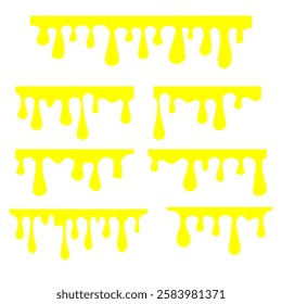 Caramel melting, dripping down with thin sugar streams. Maple liquid syrup leaking. Amber gold bee honey fluid flowing, drops, trickles. Flat graphic vector illustration isolated on white background