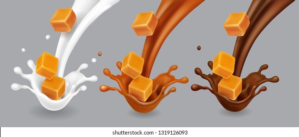 Caramel milk and chocolate splashes with caramel pieces set