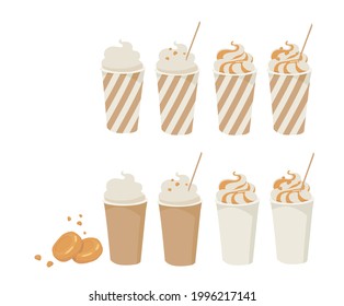 Caramel milkshake. Cappuccino. Latte. Irish cream coffee. Ice cream, milkshake, cocktail. Whipped foam. Caramel topping. Paper cup.