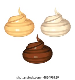 Caramel Milky and Chocolate Whipped Cream isolated on White Background. White Beige and Brown Surfaces of Cream. Low Poly Vector Illustration. Design for Banner Poster Flyer Postcard Cover Brochure.