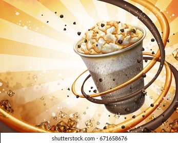 Caramel Mocha Cocoa Smoothie Background, Freeze Iced Drink With Cream, Chocolate Beans And Caramel Topping, 3d Illustration