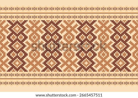 Caramel mocha tone pixel art textile seamless pattern with ethnic geometric motifs, ideal for fabric prints, wallpapers, and digital backgrounds.