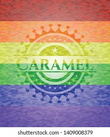 Caramel on mosaic background with the colors of the LGBT flag