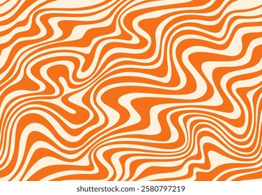 Caramel peanut swirl pattern groovy background. Vector abstract wavy distorted ornament with beige and orange stripes. Sweet candy dessert psychedelic texture. Dynamic backdrop with optical illusion